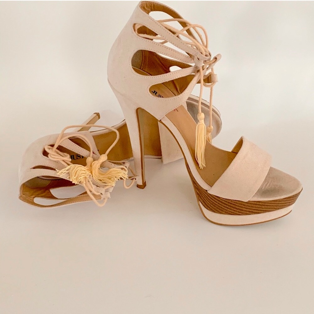 JustFab - Tivoli Nude Lace Up Open Toe Sandal